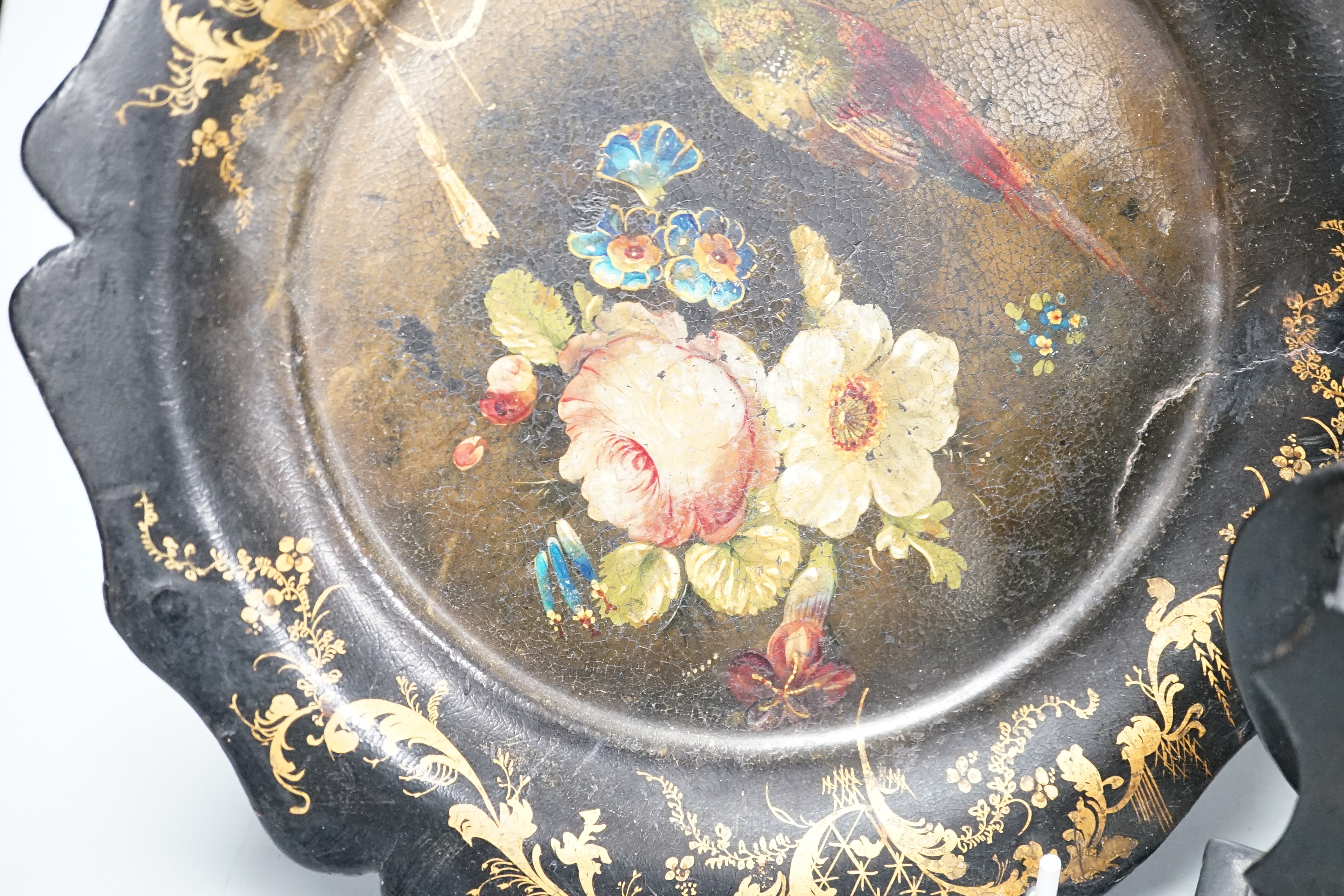 A Victorian papier mache stationary rack and a dish. 24cm